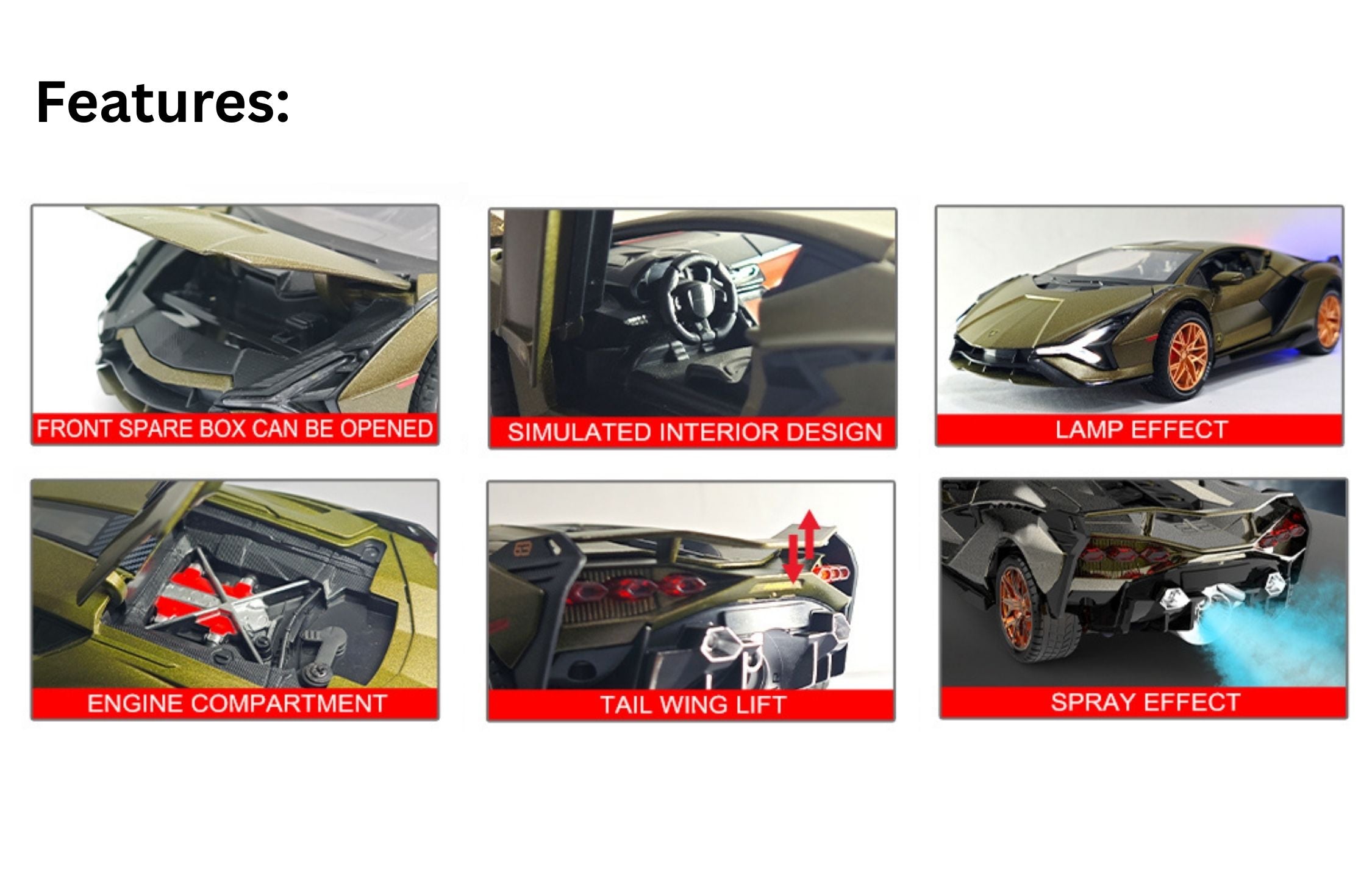 Lamborghini Sian Diecast 1:24 with Sound, Light, Spray and Pull Back Power Simulation