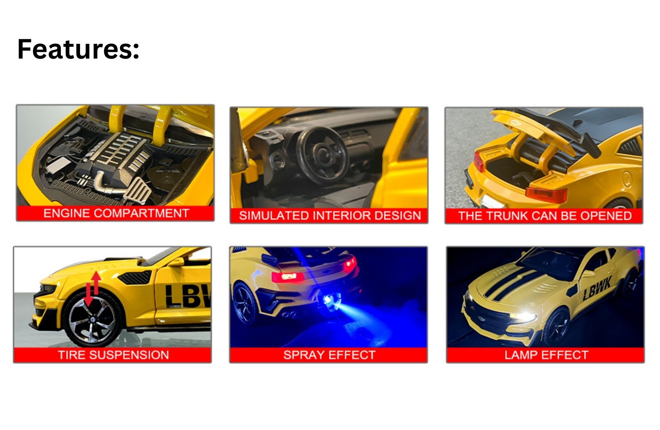 Chevrolet Camaro Diecast 1:24 Sound, Light, Spray and Pull Back Power Simulation