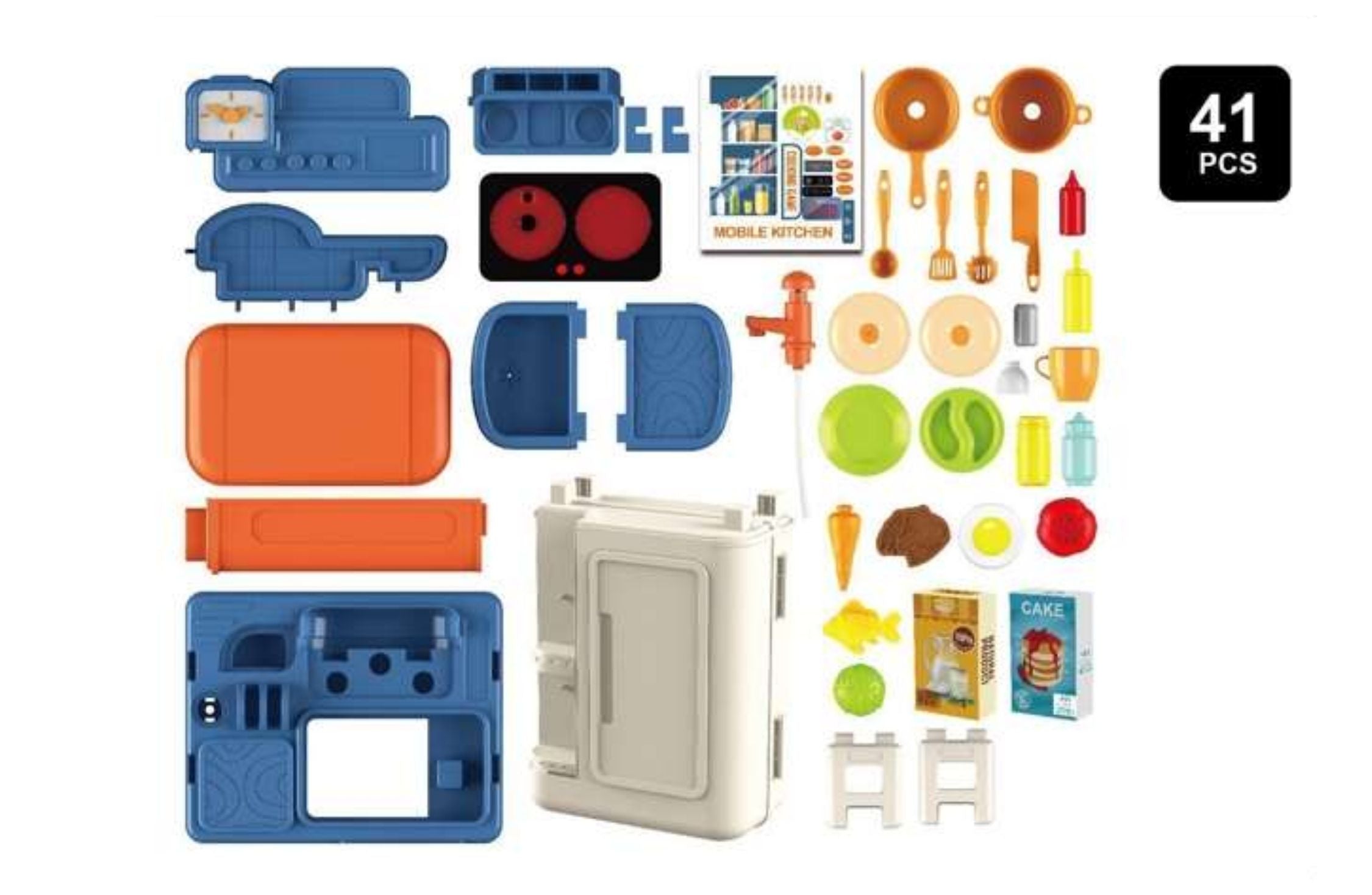 BOWA Mobile Kitchen - 41 Pieces Pretend 4 in 1 Play - Spray, Mist Light and Sound