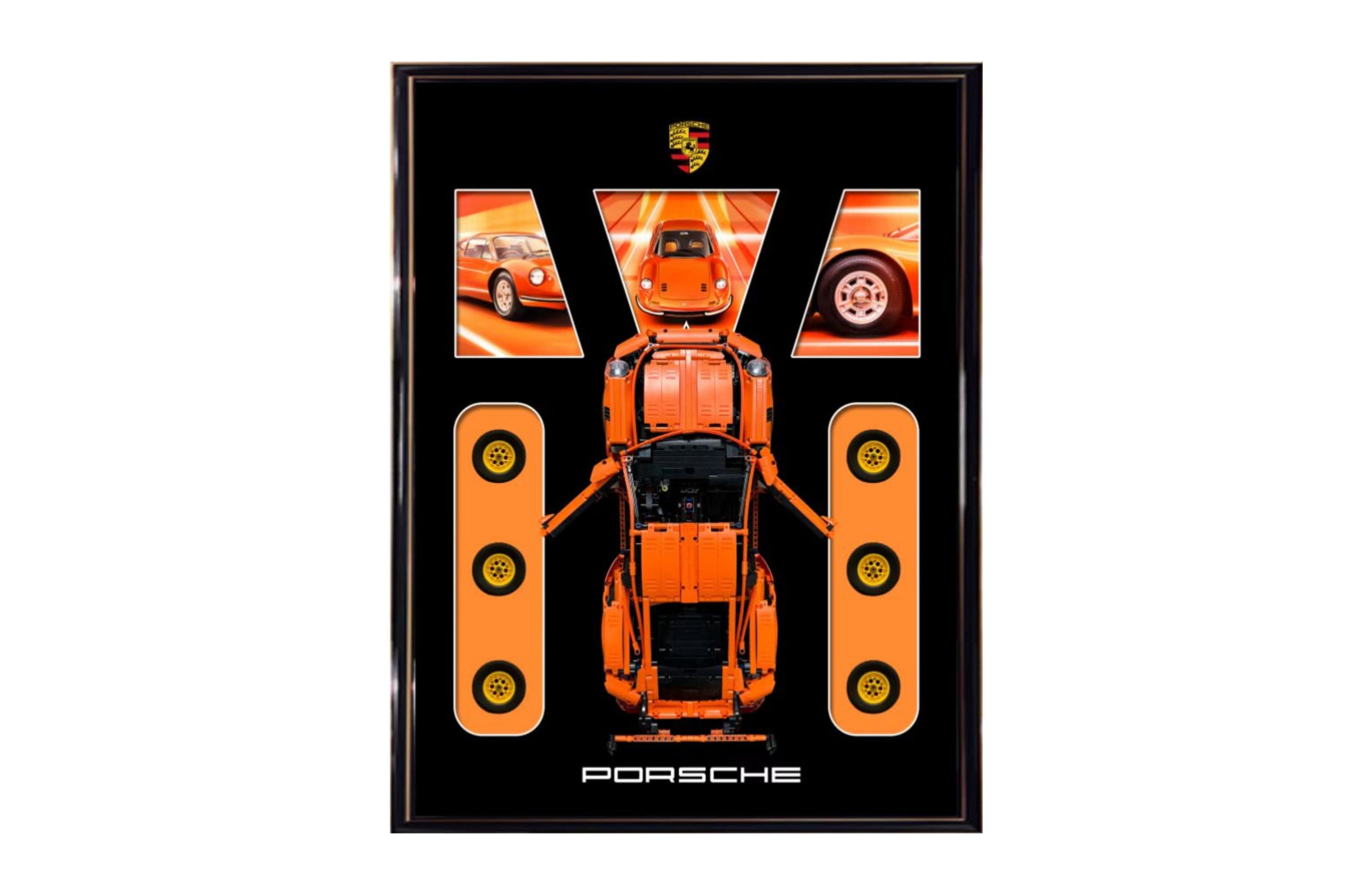 Porsche-Inspired Orange Brick-Built Wall Art – Racing Car Model In Frame